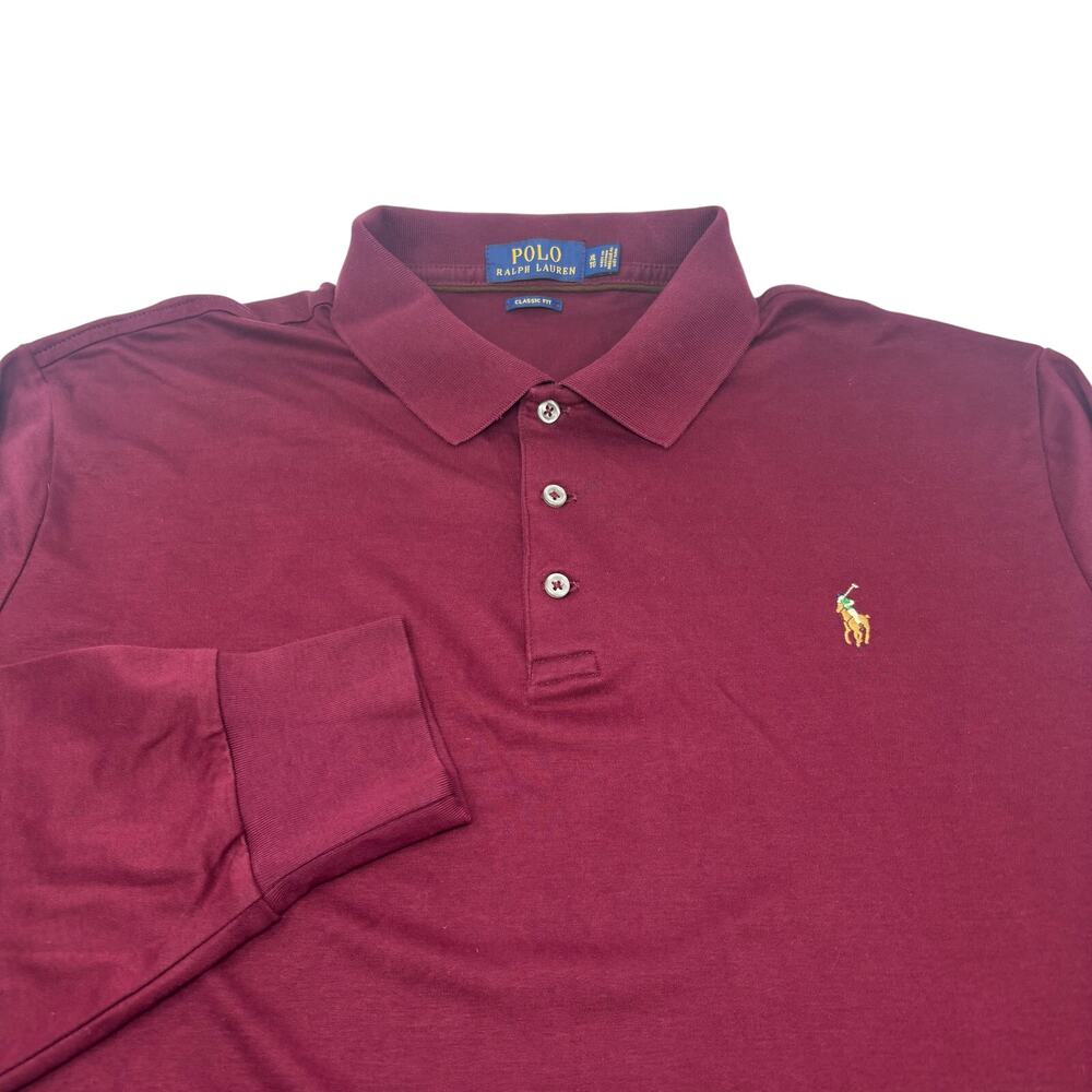 Polo Ralph Lauren Mens Large Burgundy Red Long Sleeve Cotton Polo Shirt